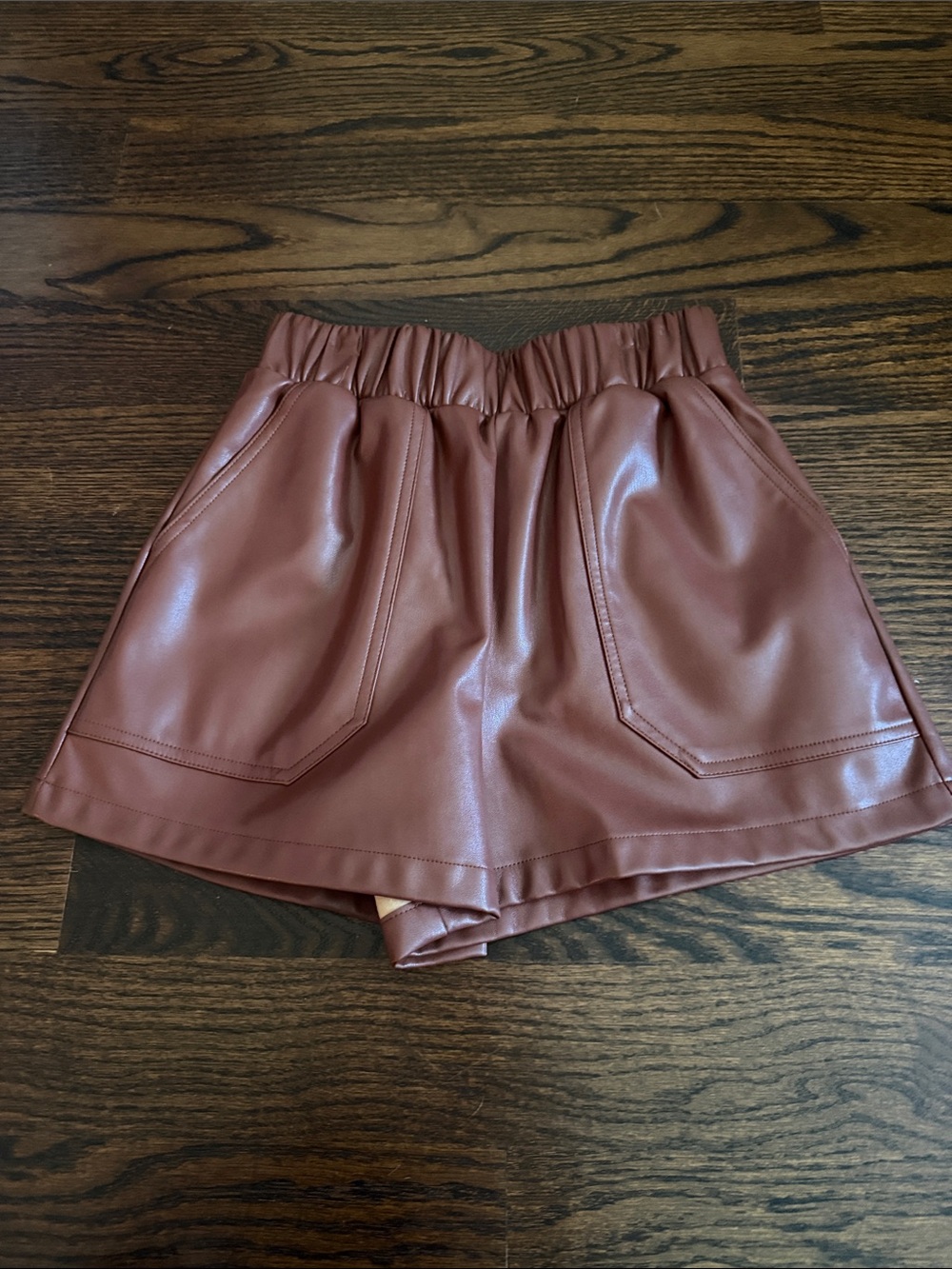 Women's Faux Leather Elastic Waist Shorts- Brown